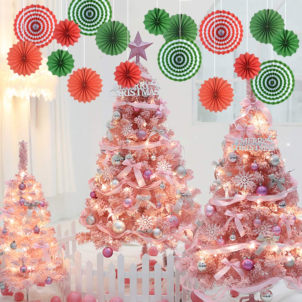 Mifengda 18Pc Party Red And Green Paper Fans Merry Christmas Hanging Paper Fans Decorations, Round Folding Party Paper Fans Bulk